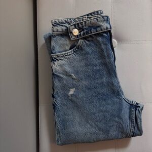 Zara straight leg jeans with side button waistband and distressed details